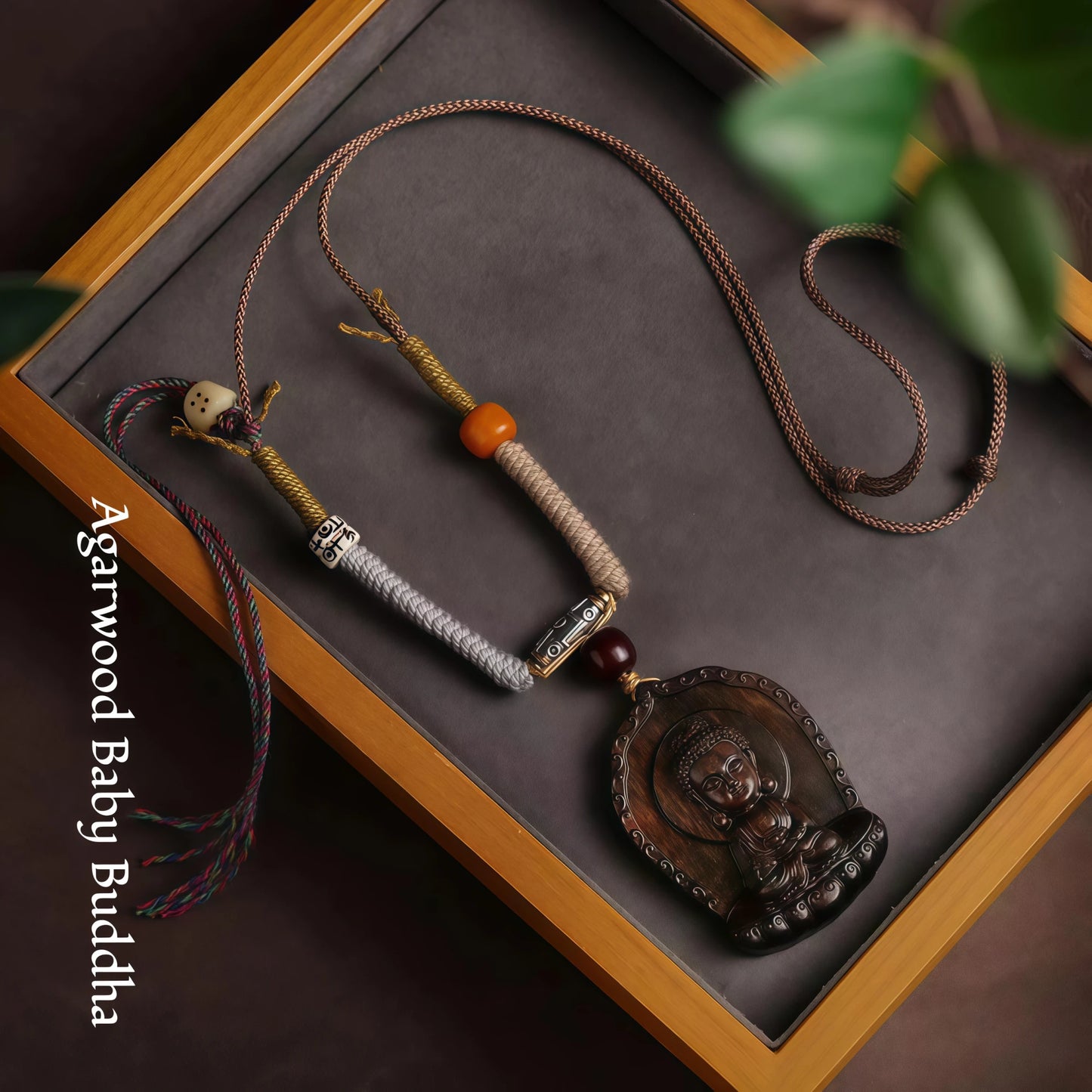 Agarwood Buddha Pendant String Necklace with Tassel & Carnelian