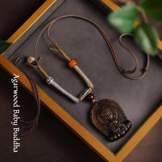 Agarwood Buddha Pendant String Necklace with Tassel & Carnelian