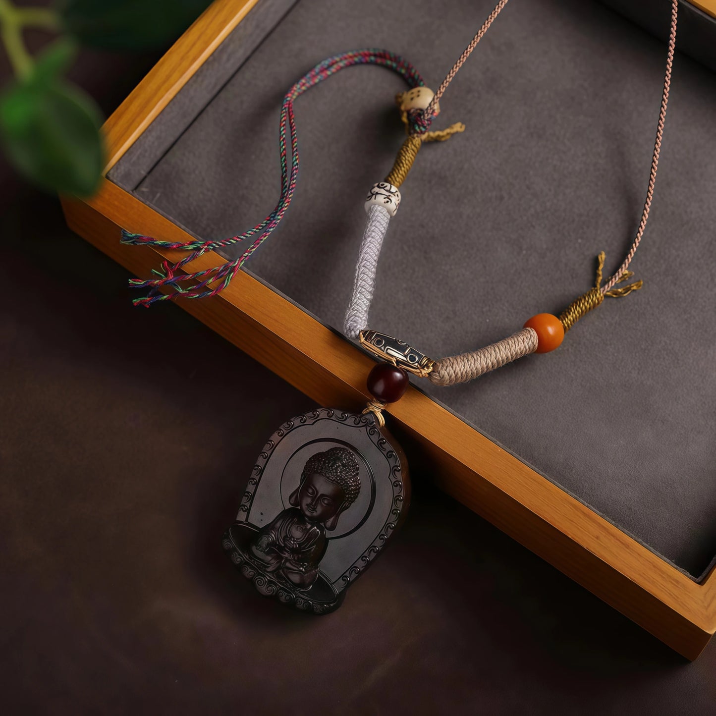 Agarwood Buddha Pendant String Necklace with Tassel & Carnelian