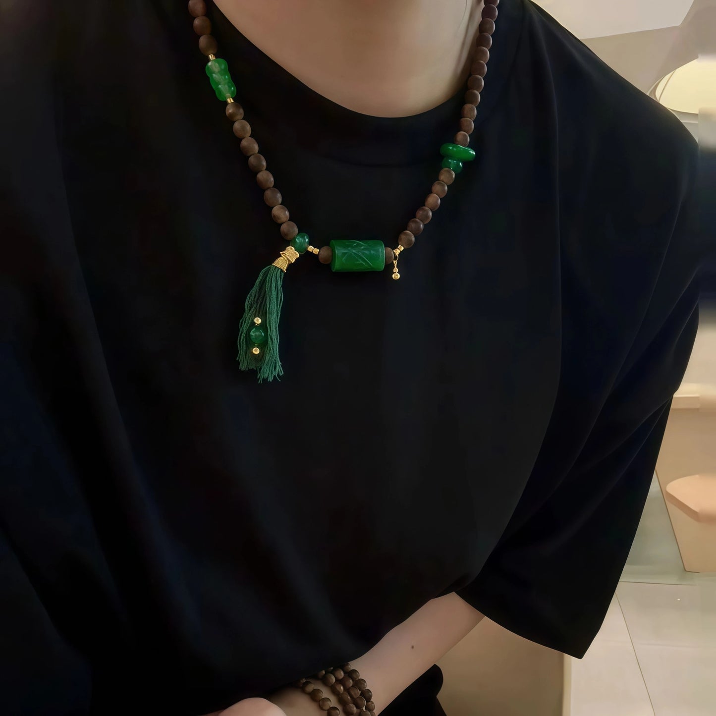 Agarwood Green Jade Bamboo Tassel Necklace Bracelet