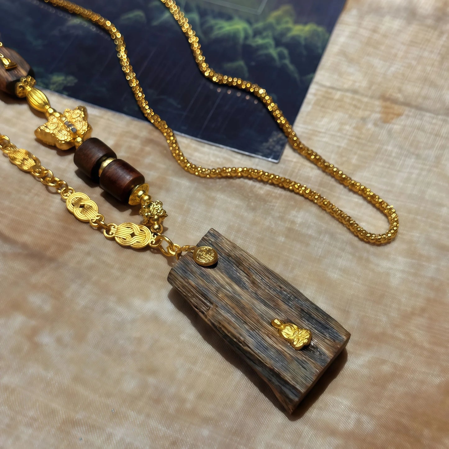Agarwood Pendant Necklace with Gold Silver Chain