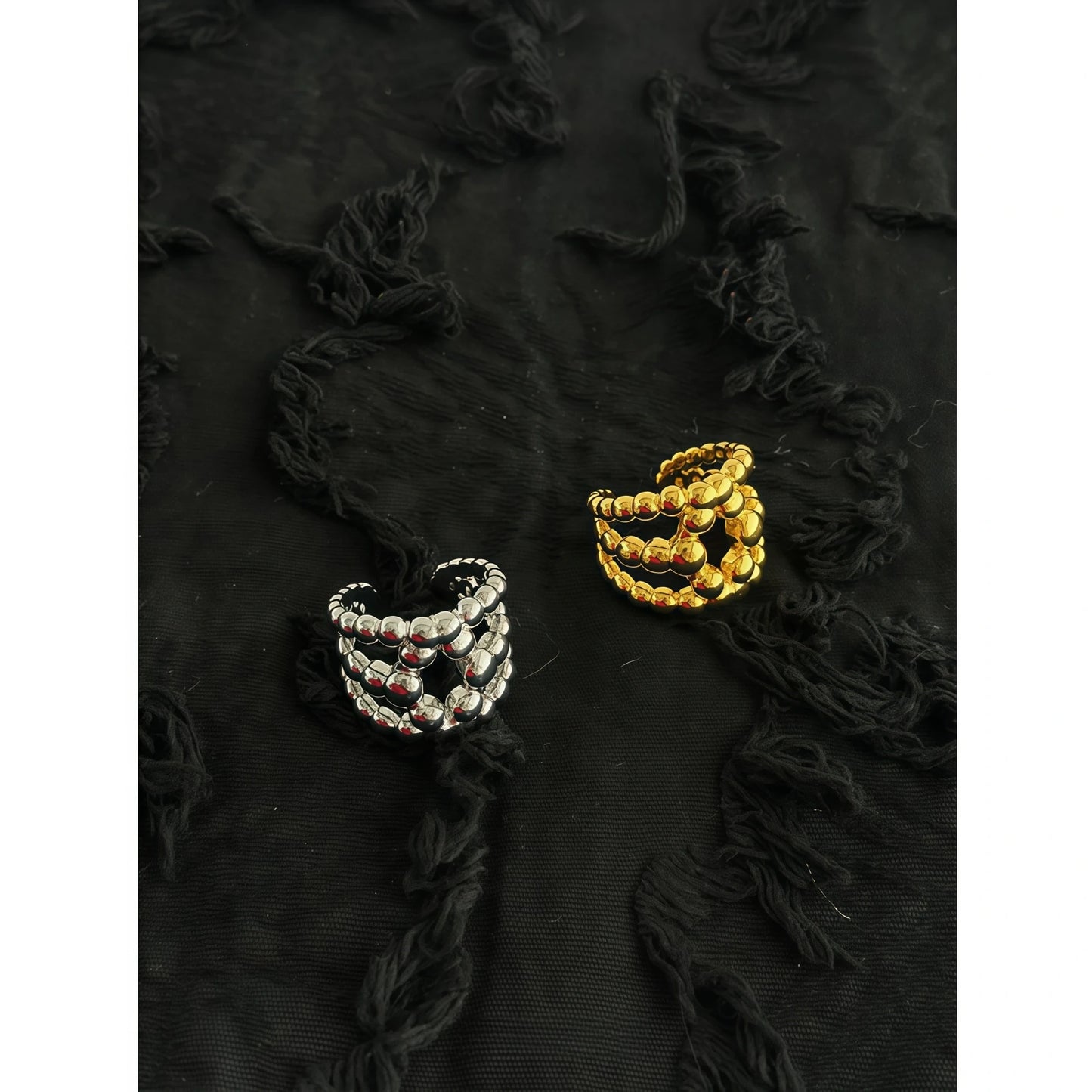 Arc de Triomphe Retro Three-Row Bead Adjustable Ring in Gold and Silver