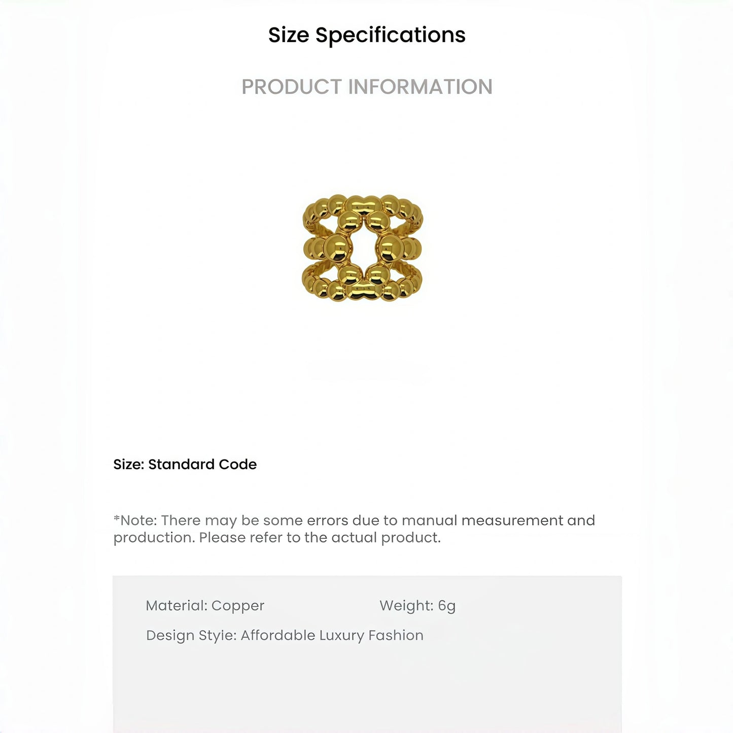 Arc de Triomphe Retro Three-Row Bead Adjustable Ring in Gold and Silver