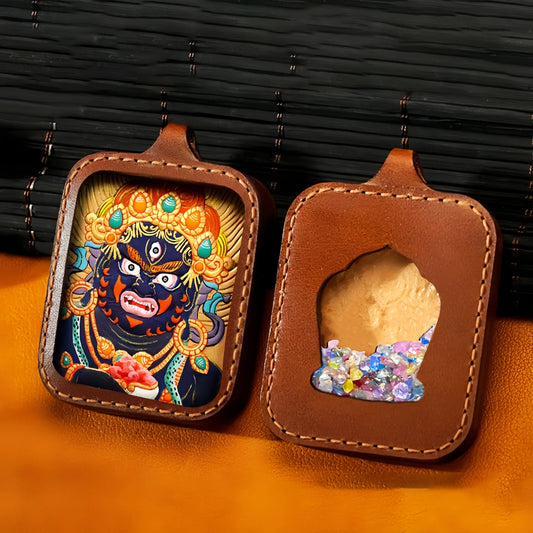 Black Jambhala Leather Handmade Thangka Pendant - Instant Wealth Talisman