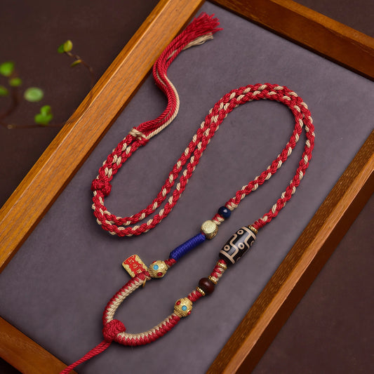 Blessing of Peace Tibetan Dzi Bead String Necklace - Red Handwoven Adjustable Cord