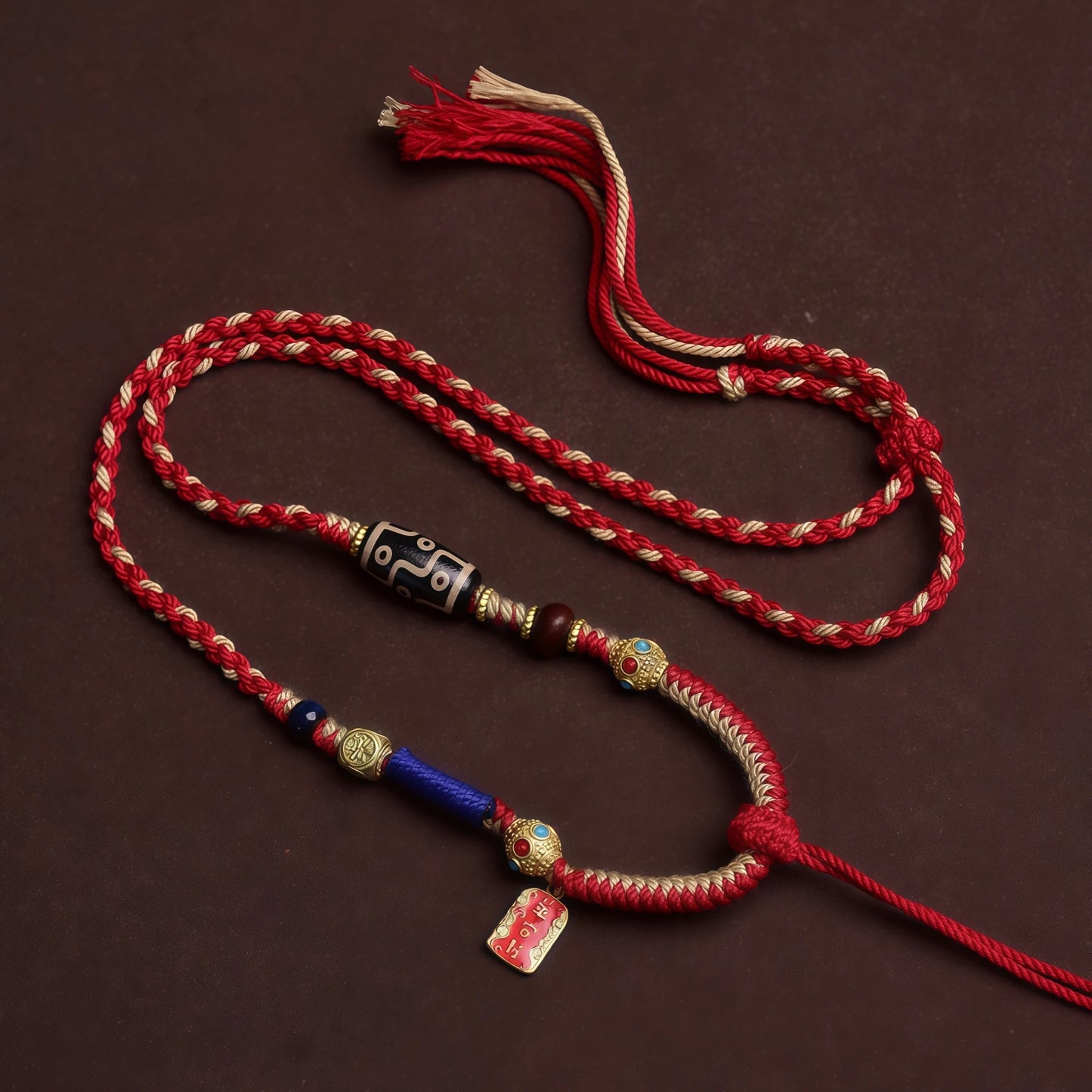 Blessing of Peace Tibetan Dzi Bead String Necklace - Red Handwoven Adjustable Cord