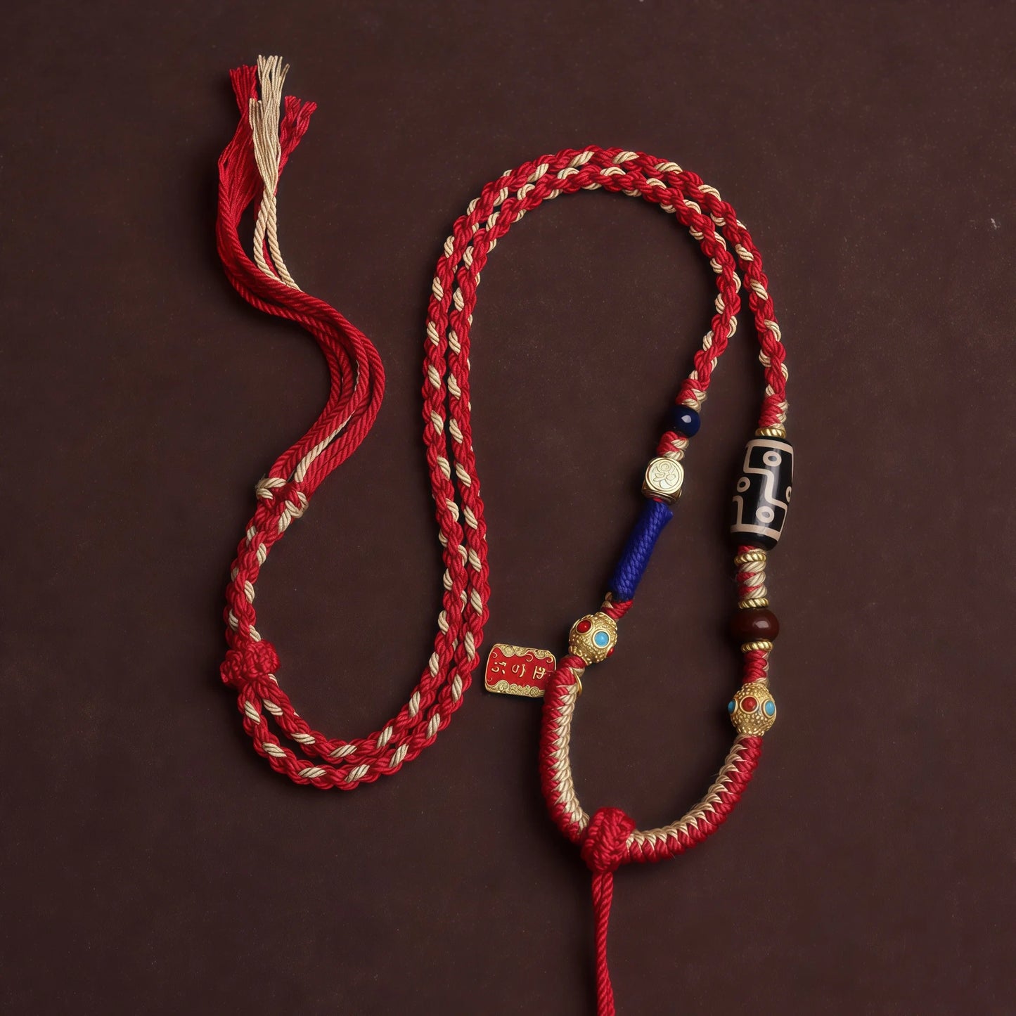 Blessing of Peace Tibetan Dzi Bead String Necklace - Red Handwoven Adjustable Cord
