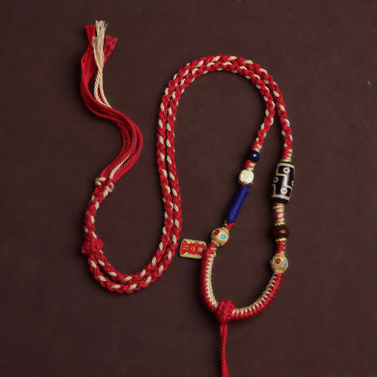 Blessing of Peace Tibetan Dzi Bead String Necklace - Red Handwoven Adjustable Cord