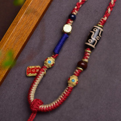 Blessing of Peace Tibetan Dzi Bead String Necklace - Red Handwoven Adjustable Cord