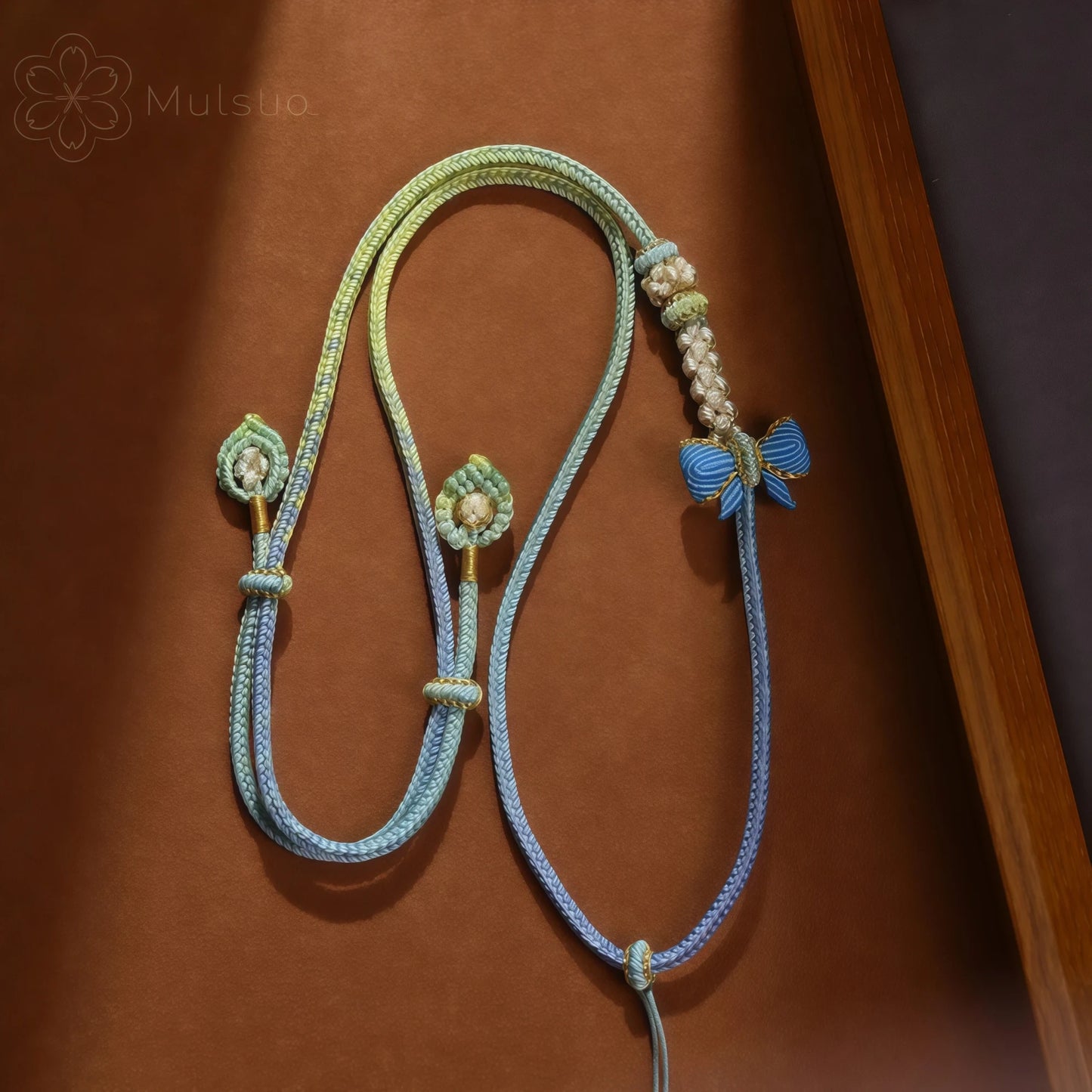 Blue & Yellow Gradient 3D Butterfly String Necklace - Handwoven Adjustable Cord