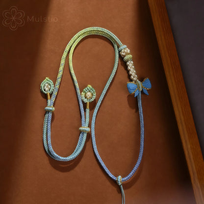 Blue & Yellow Gradient 3D Butterfly String Necklace - Handwoven Adjustable Cord