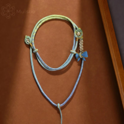 Blue & Yellow Gradient 3D Butterfly String Necklace - Handwoven Adjustable Cord