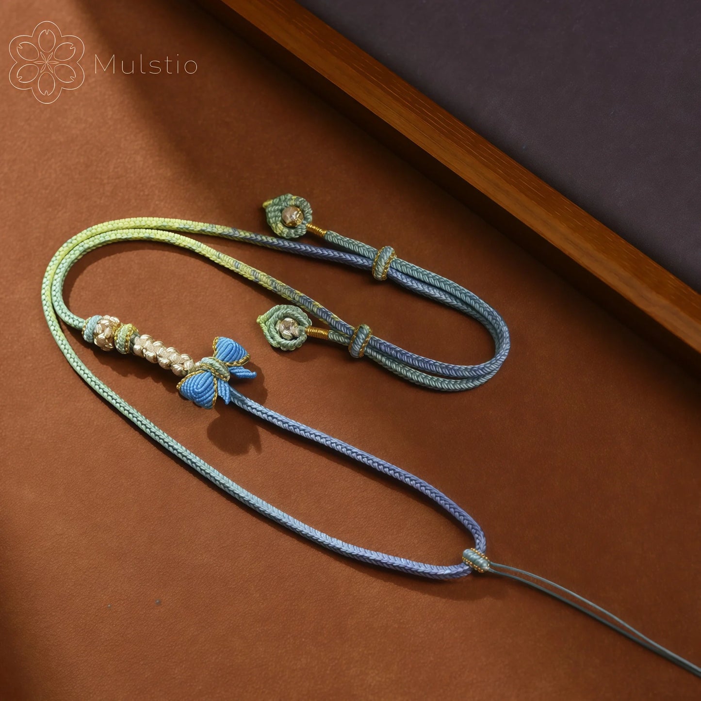 Blue & Yellow Gradient 3D Butterfly String Necklace - Handwoven Adjustable Cord