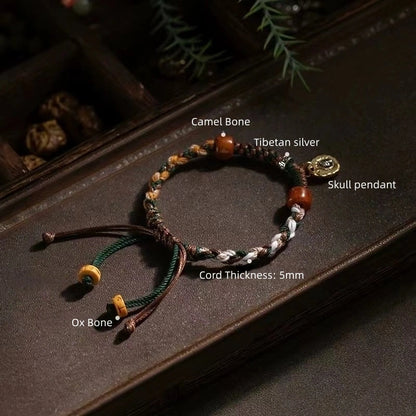 Camel Bone & Ox Bone Adjustable Tibetan Handwoven Bracelet – 5-Element (Earth, Metal, Wood) for Protection, Balance & Prosperity