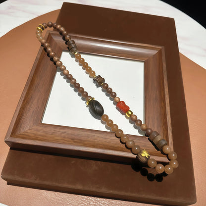 Caramel Agate and Agarwood Elastic Necklace Bracelet with Wood Beads