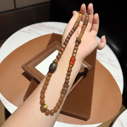 Caramel Agate and Agarwood Elastic Necklace Bracelet with Wood Beads