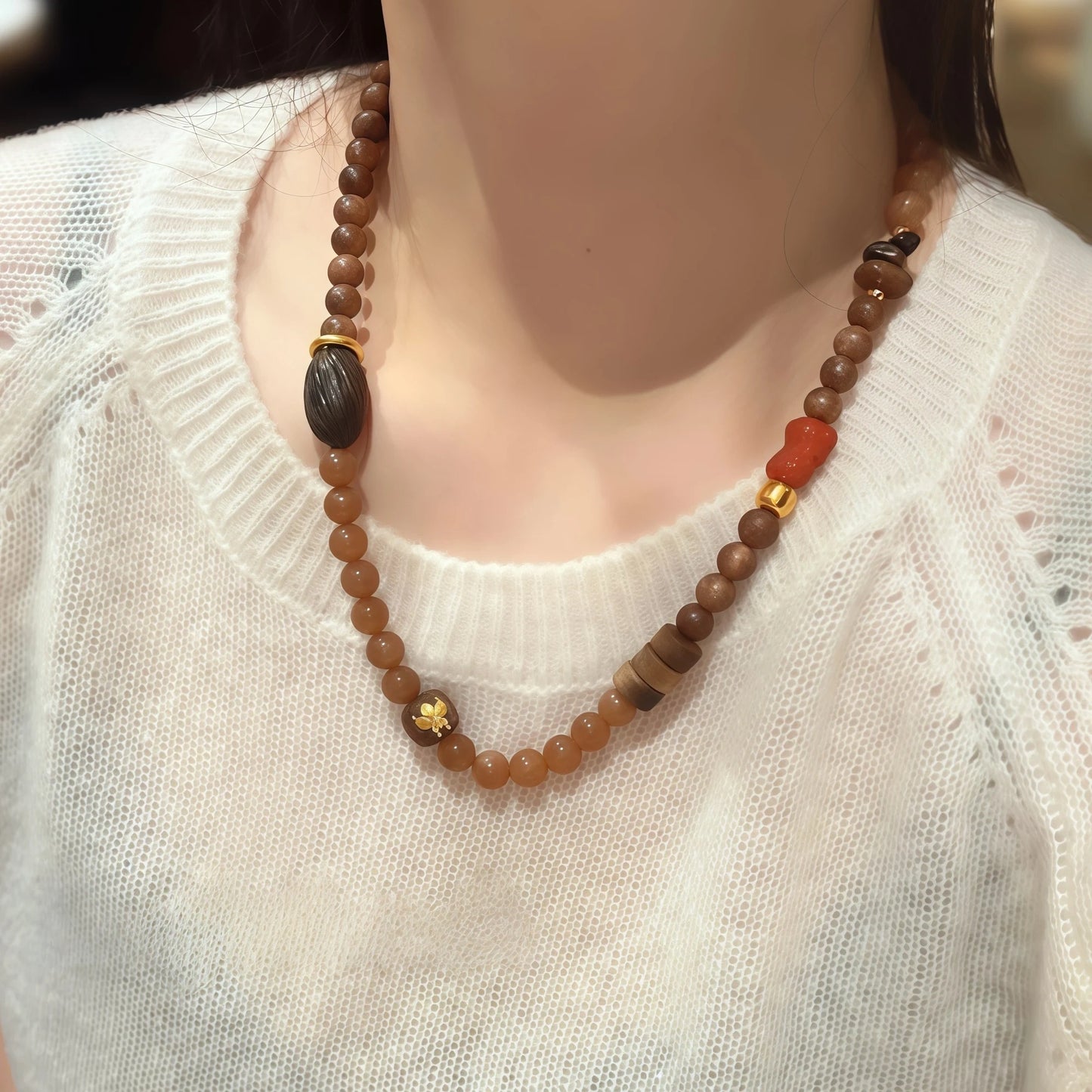 Caramel Agate and Agarwood Elastic Necklace Bracelet with Wood Beads