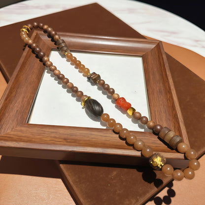 Caramel Agate and Agarwood Elastic Necklace Bracelet with Wood Beads