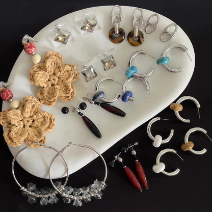 Chinese Retro Style Teardrop Agate Drop Earrings (Natural Agate, Obsidian, Silver-Touch) - Earth Element, Focus & Balance