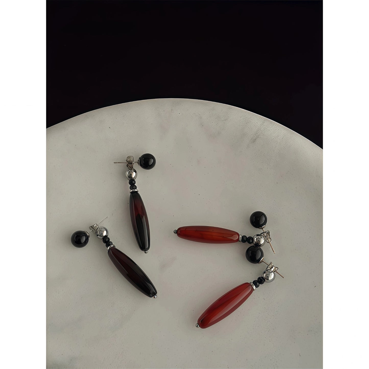 Chinese Retro Style Teardrop Agate Drop Earrings (Natural Agate, Obsidian, Silver-Touch) - Earth Element, Focus & Balance