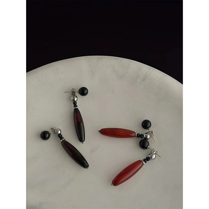 Chinese Retro Style Teardrop Agate Drop Earrings (Natural Agate, Obsidian, Silver-Touch) - Earth Element, Focus & Balance