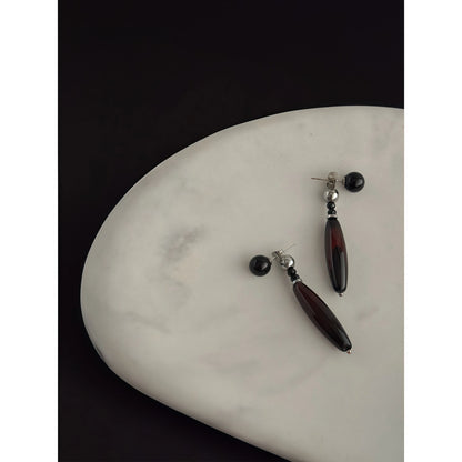Chinese Retro Style Teardrop Agate Drop Earrings (Natural Agate, Obsidian, Silver-Touch) - Earth Element, Focus & Balance