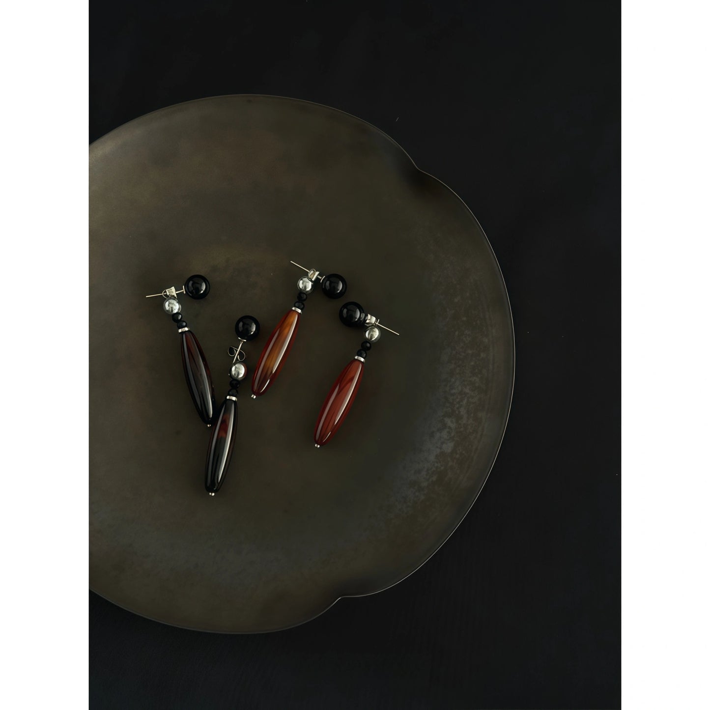 Chinese Retro Style Teardrop Agate Drop Earrings (Natural Agate, Obsidian, Silver-Touch) - Earth Element, Focus & Balance