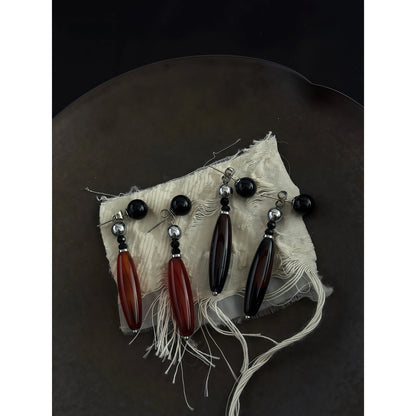 Chinese Retro Style Teardrop Agate Drop Earrings (Natural Agate, Obsidian, Silver-Touch) - Earth Element, Focus & Balance