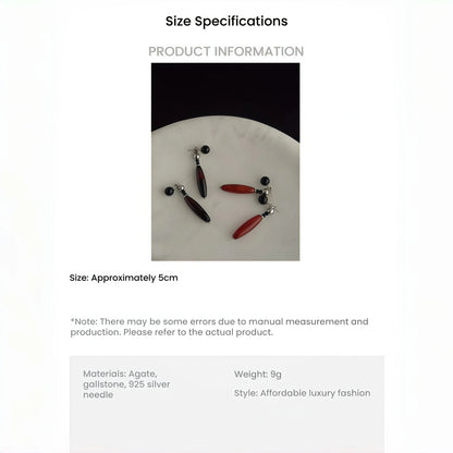 Chinese Retro Style Teardrop Agate Drop Earrings (Natural Agate, Obsidian, Silver-Touch) - Earth Element, Focus & Balance