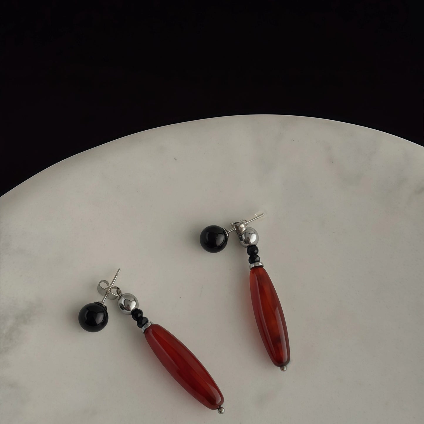 Chinese Retro Style Teardrop Agate Drop Earrings (Natural Agate, Obsidian, Silver-Touch) - Earth Element, Focus & Balance