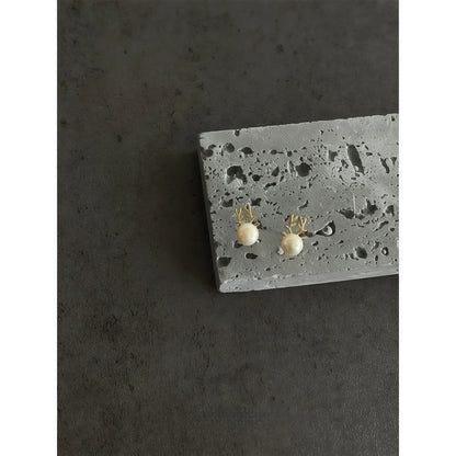 Christmas Deer Design Natural Pearl Earrings (Freshwater Pearl, Silver-Touch) - Water Element, Peace & Happiness