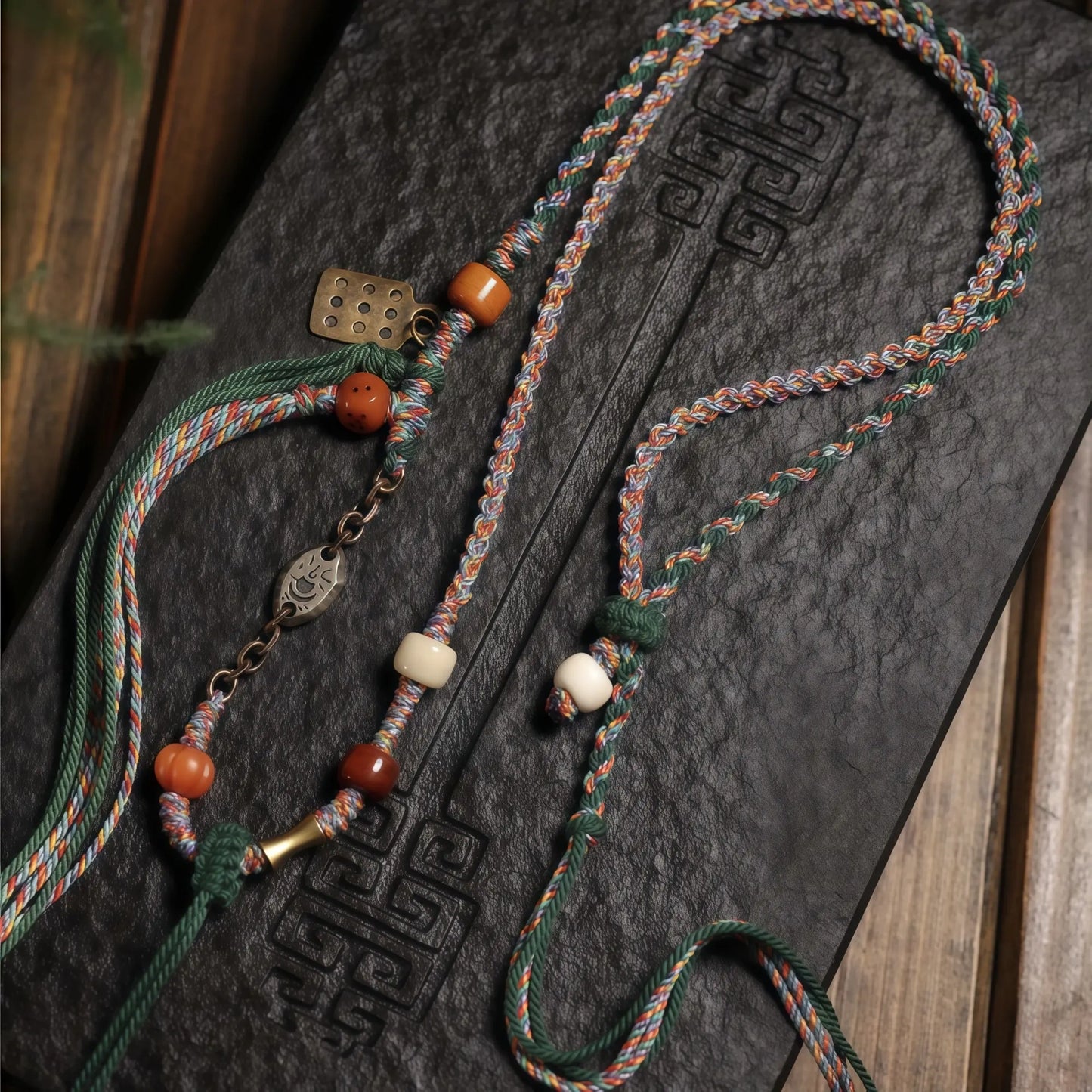 Colorful Gemstone Buddha String Necklace with Metal Chain & Tassel