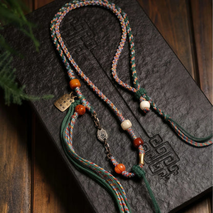 Colorful Gemstone Buddha String Necklace with Metal Chain & Tassel