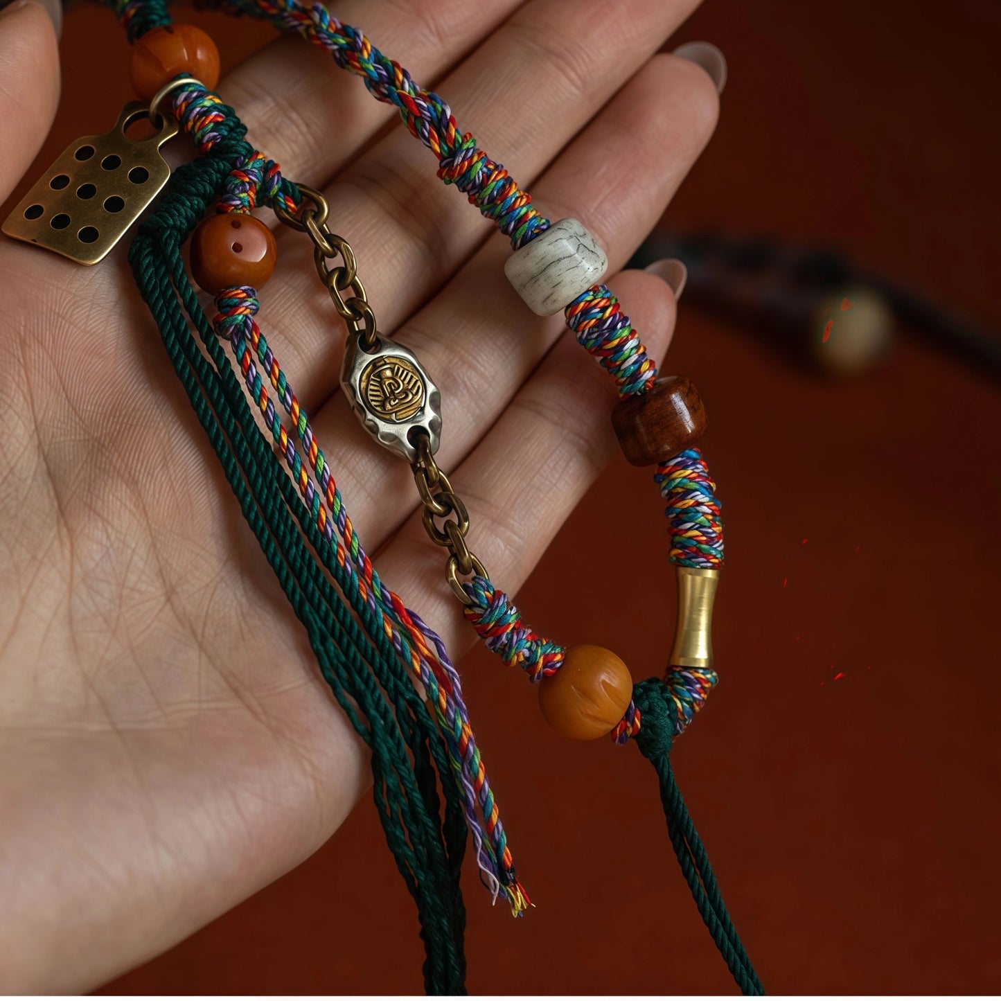 Colorful Gemstone Buddha String Necklace with Metal Chain & Tassel
