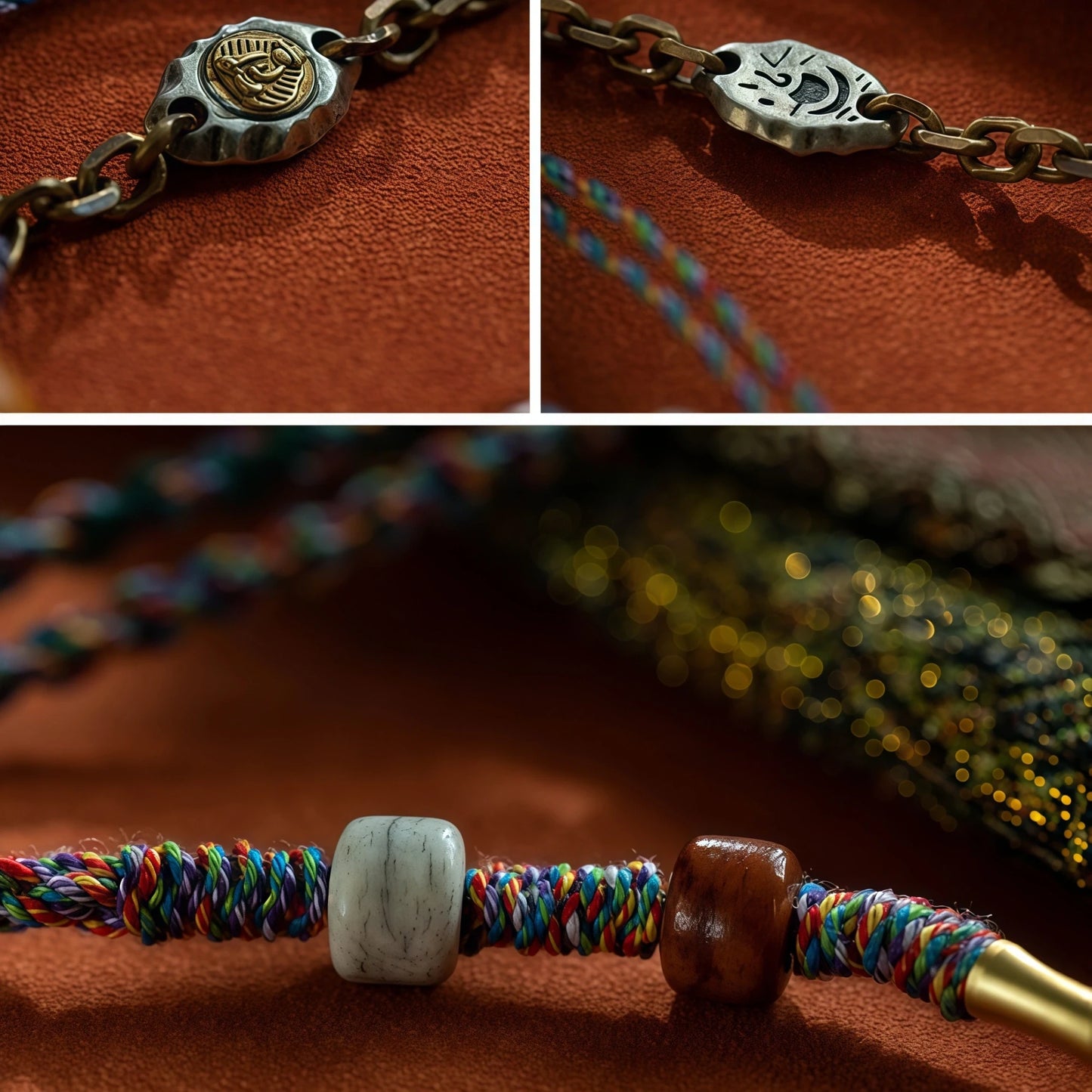 Colorful Gemstone Buddha String Necklace with Metal Chain & Tassel