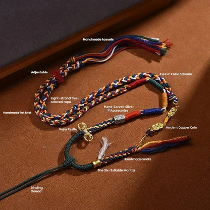Tibetan Gorgeous Colorful Tassel, Copper Coin & Vajra Pestle Handwoven Cotton String Adjustable Necklace - Six-Syllable Mantra & Sand Gold Accents