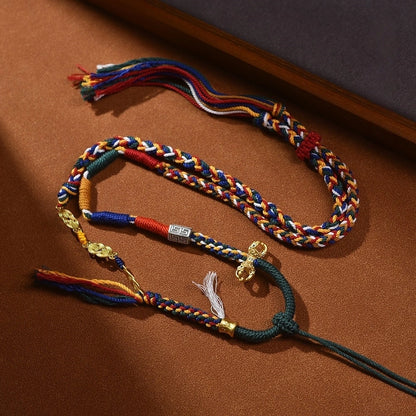Tibetan Gorgeous Colorful Tassel, Copper Coin & Vajra Pestle Handwoven Cotton String Adjustable Necklace - Six-Syllable Mantra & Sand Gold Accents