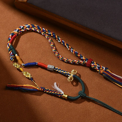 Tibetan Gorgeous Colorful Tassel, Copper Coin & Vajra Pestle Handwoven Cotton String Adjustable Necklace - Six-Syllable Mantra & Sand Gold Accents