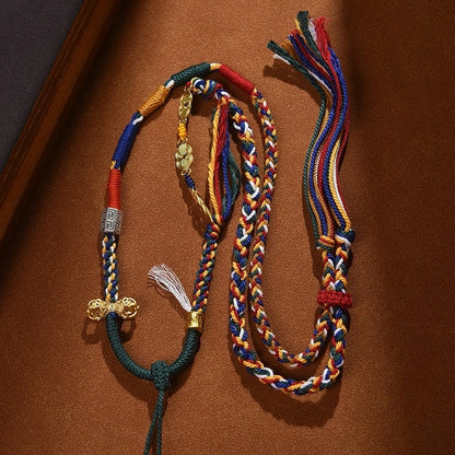 Tibetan Gorgeous Colorful Tassel, Copper Coin & Vajra Pestle Handwoven Cotton String Adjustable Necklace - Six-Syllable Mantra & Sand Gold Accents