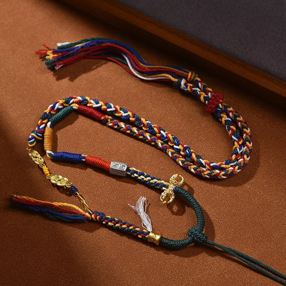 Tibetan Gorgeous Colorful Tassel, Copper Coin & Vajra Pestle Handwoven Cotton String Adjustable Necklace - Six-Syllable Mantra & Sand Gold Accents