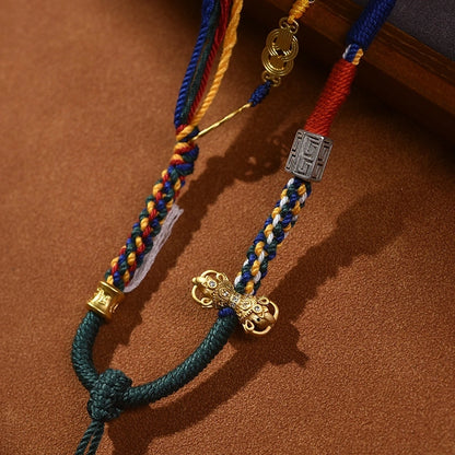 Tibetan Gorgeous Colorful Tassel, Copper Coin & Vajra Pestle Handwoven Cotton String Adjustable Necklace - Six-Syllable Mantra & Sand Gold Accents