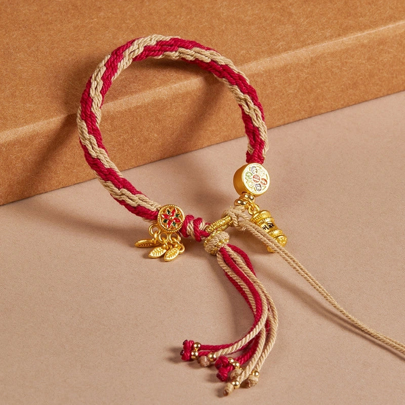 Cotton Handwoven Two-Tone Adjustable Bracelet with Six-Syllable Mantra, Dreamcatcher & Prayer Wheel – WoodMetal Element for Calm, Protection & Purification