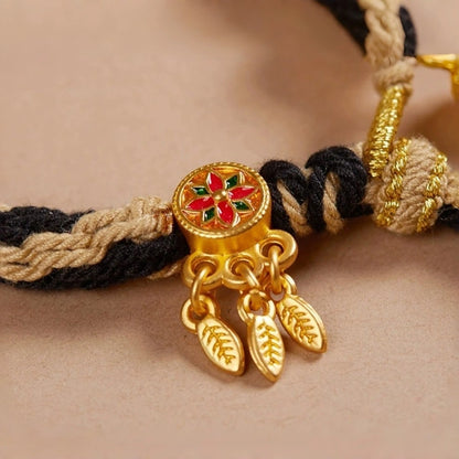 Cotton Handwoven Two-Tone Adjustable Bracelet with Six-Syllable Mantra, Dreamcatcher & Prayer Wheel – WoodMetal Element for Calm, Protection & Purification