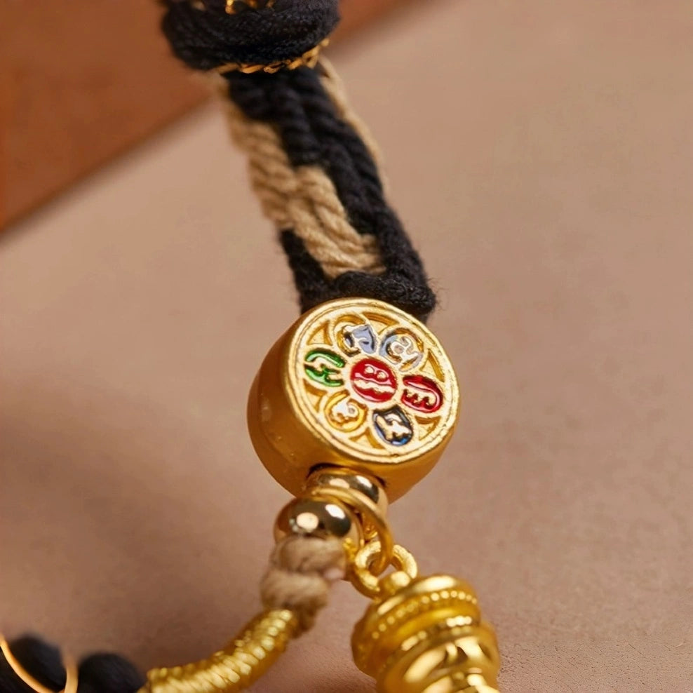 Cotton Handwoven Two-Tone Adjustable Bracelet with Six-Syllable Mantra, Dreamcatcher & Prayer Wheel – WoodMetal Element for Calm, Protection & Purification
