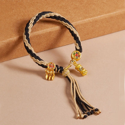 Cotton Handwoven Two-Tone Adjustable Bracelet with Six-Syllable Mantra, Dreamcatcher & Prayer Wheel – WoodMetal Element for Calm, Protection & Purification
