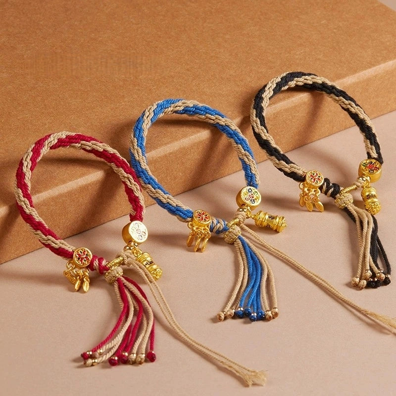 Cotton Handwoven Two-Tone Adjustable Bracelet with Six-Syllable Mantra, Dreamcatcher & Prayer Wheel – WoodMetal Element for Calm, Protection & Purification