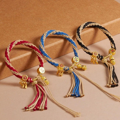 Cotton Handwoven Two-Tone Adjustable Bracelet with Six-Syllable Mantra, Dreamcatcher & Prayer Wheel – WoodMetal Element for Calm, Protection & Purification