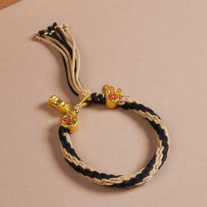 Cotton Handwoven Two-Tone Adjustable Bracelet with Six-Syllable Mantra, Dreamcatcher & Prayer Wheel – WoodMetal Element for Calm, Protection & Purification