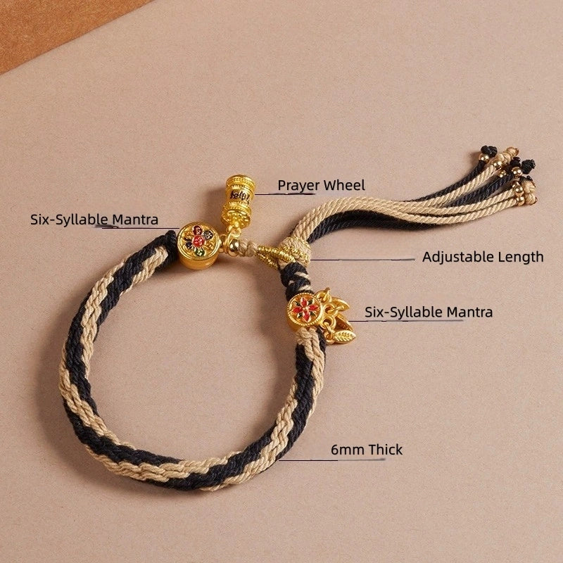 Cotton Handwoven Two-Tone Adjustable Bracelet with Six-Syllable Mantra, Dreamcatcher & Prayer Wheel – WoodMetal Element for Calm, Protection & Purification