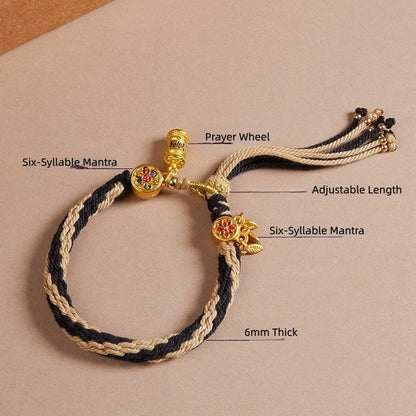 Cotton Handwoven Two-Tone Adjustable Bracelet with Six-Syllable Mantra, Dreamcatcher & Prayer Wheel – WoodMetal Element for Calm, Protection & Purification